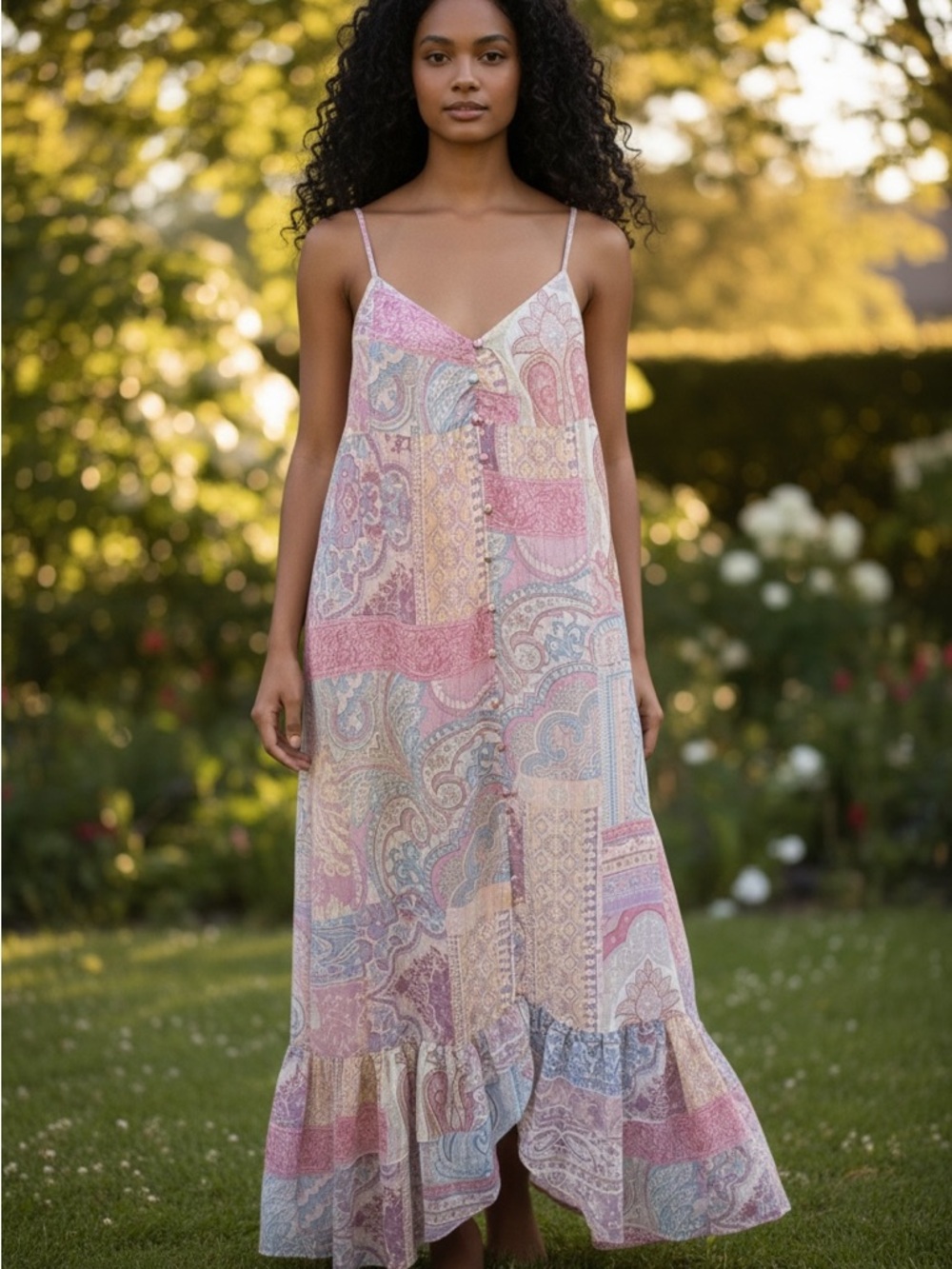 Zara Pastel Patchwork Paisley Maxi Slip Dress